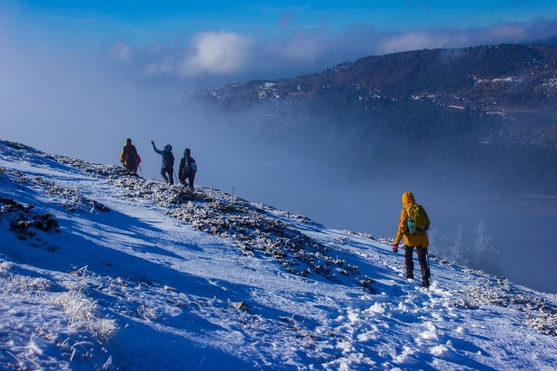 Adventurer hiking in the fog